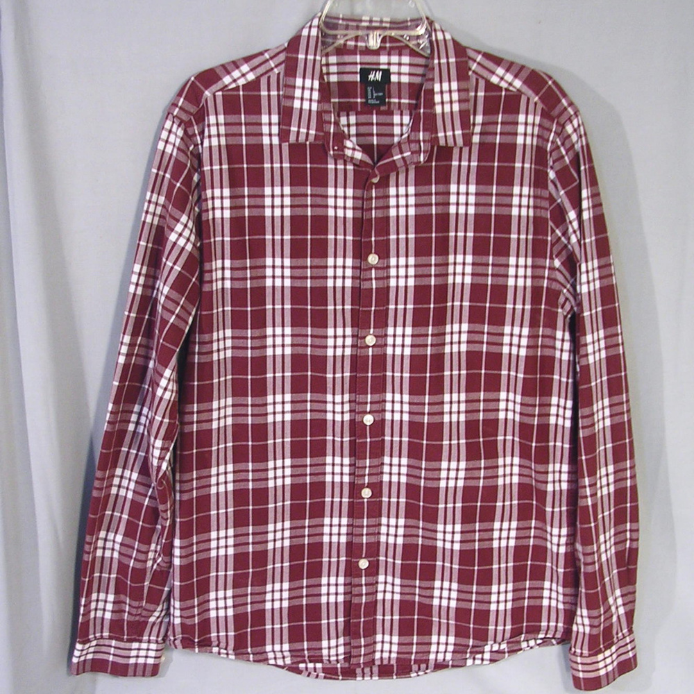 H&M Men's Burgundy & White Plaid Flannel Shirt